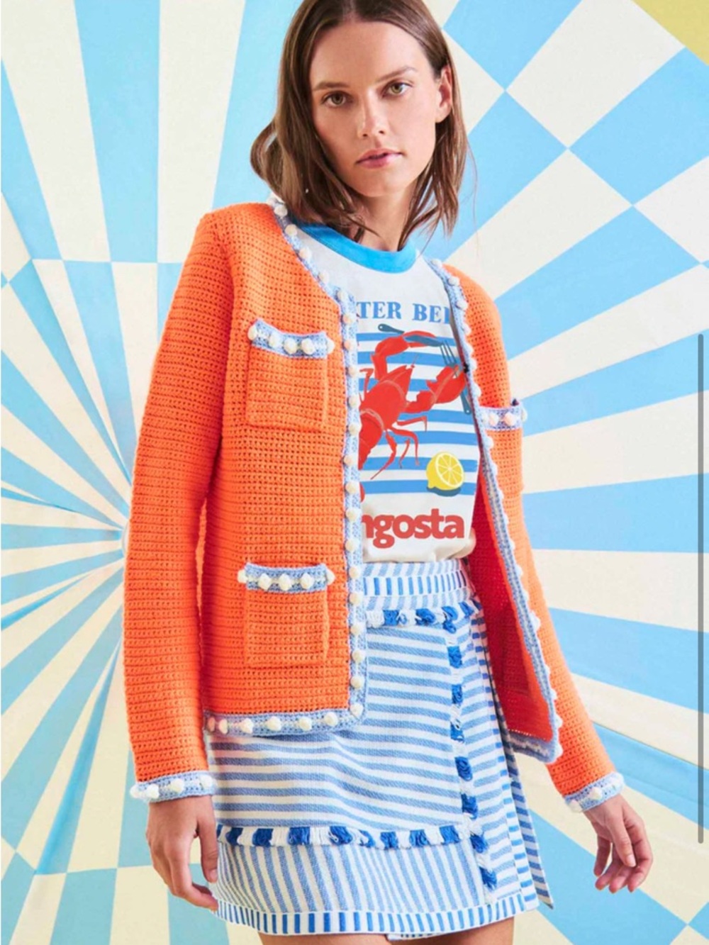 HUNTER BELL Russell Orange Crocheted Pocket Jacket with White & Light Blue Trim